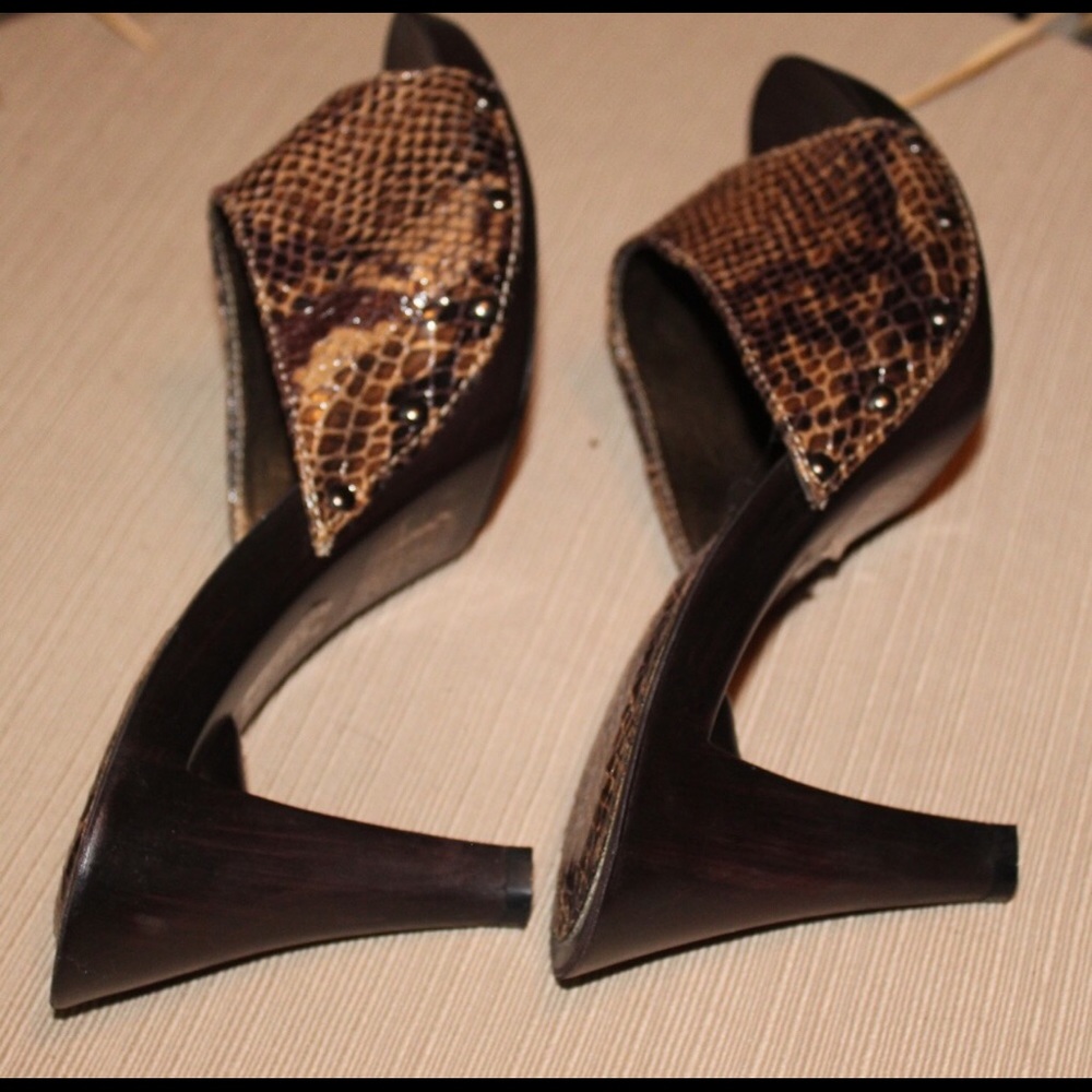 Snakeskin print slip on open toe sandal heels